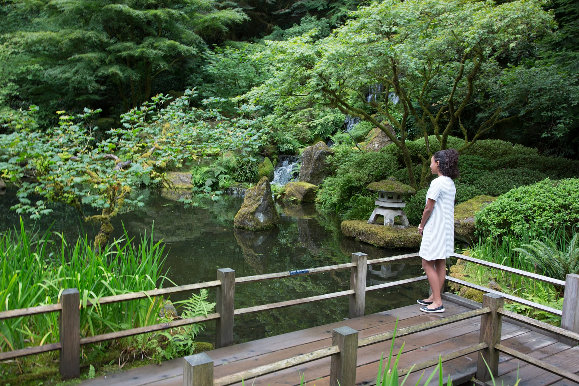 A young woman looks out at a pond and stone lantern while standing on a wooden bridge.